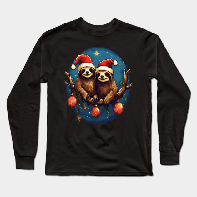 Cute Christmas Sloths in Santa Hats Long Sleeve T-Shirt by BirdsnStuff