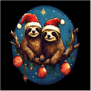 Cute Christmas Sloths in Santa Hats Posters and Art