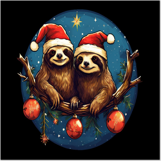 Cute Christmas Sloths in Santa Hats Wall Art by BirdsnStuff
