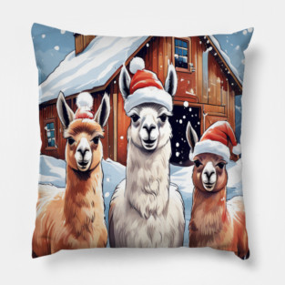 Llamas Christmas Barn Scene Pillow
