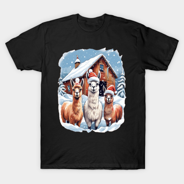 Llamas Christmas Barn Scene T-Shirt by BirdsnStuff
