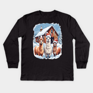 Llamas Christmas Barn Scene Kids Long Sleeve T-Shirt