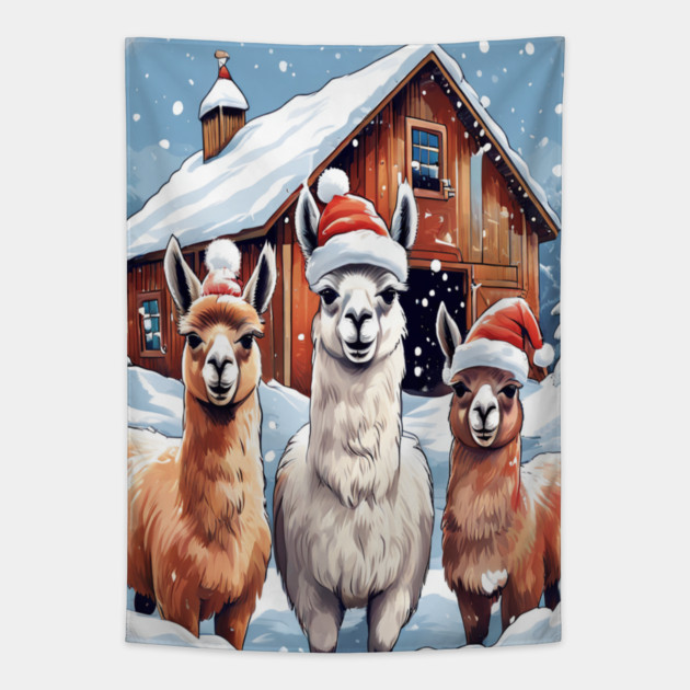 Llamas Christmas Barn Scene Tapestry by BirdsnStuff