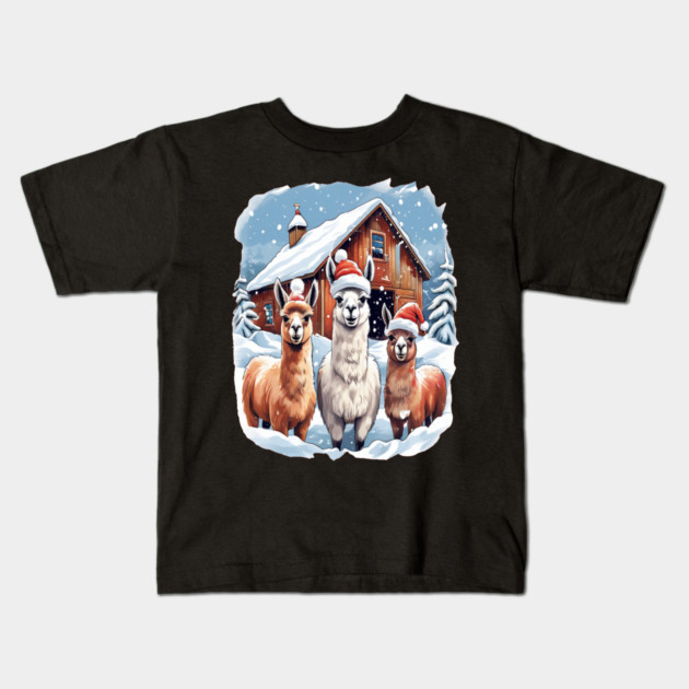 Llamas Christmas Barn Scene Kids T-Shirt by BirdsnStuff
