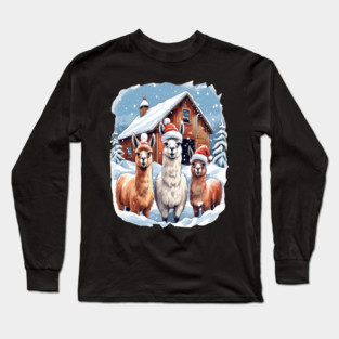 Llamas Christmas Barn Scene Long Sleeve T-Shirt