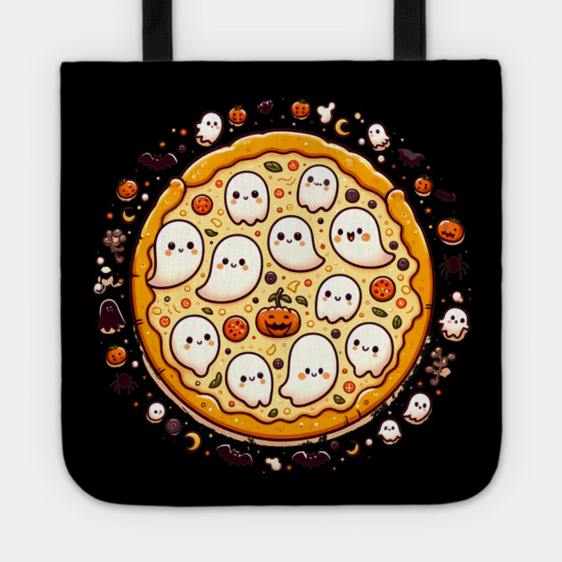 Funny Pizza Halloween with Pumpkin and Ghost Tote by logiamerch