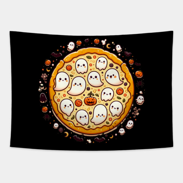 Funny Pizza Halloween with Pumpkin and Ghost Tapestry by logiamerch