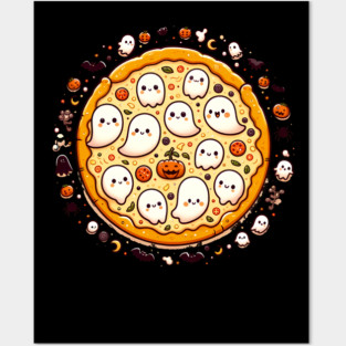 Funny Pizza Halloween with Pumpkin and Ghost Posters and Art