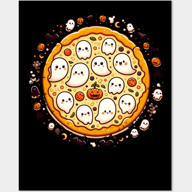 Funny Pizza Halloween with Pumpkin and Ghost Wall Art by logiamerch