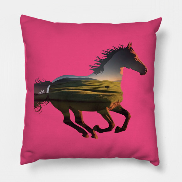 The artistic double exposure effect merges the horse overlaid with a serene landscape scene Pillow by animegirlnft