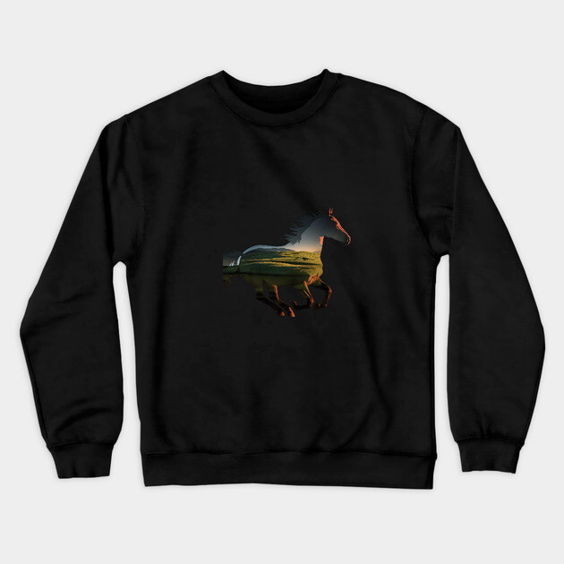 The artistic double exposure effect merges the horse overlaid with a serene landscape scene Crewneck Sweatshirt by animegirlnft
