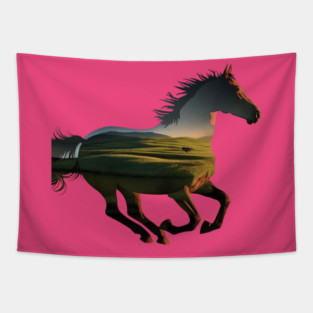 The artistic double exposure effect merges the horse overlaid with a serene landscape scene Tapestry