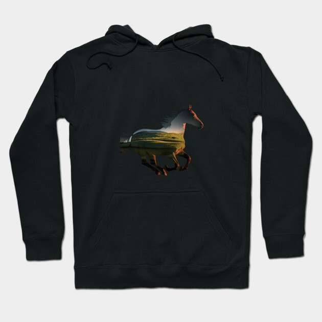 The artistic double exposure effect merges the horse overlaid with a serene landscape scene Hoodie by animegirlnft