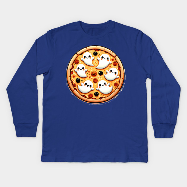 Funny Pizza Halloween with Pumpkin and Ghost Kids Long Sleeve T-Shirt by logiamerch
