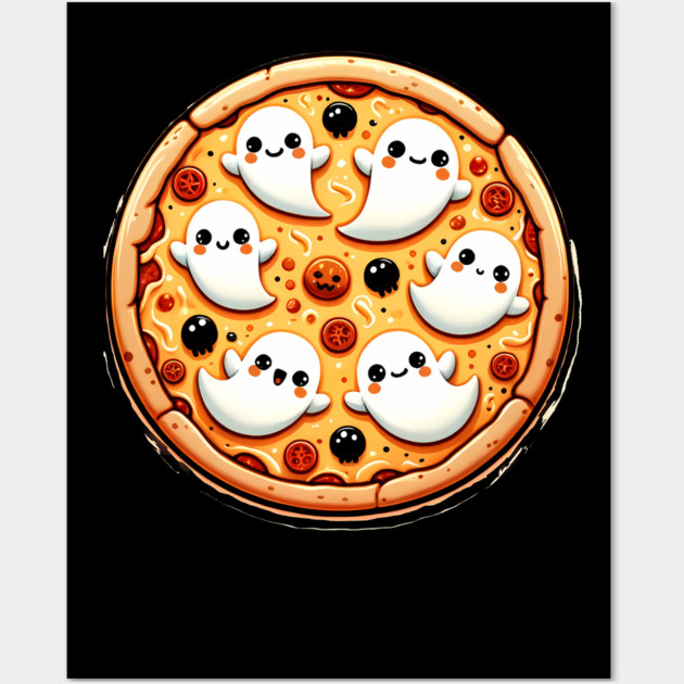 Funny Pizza Halloween with Pumpkin and Ghost Wall Art by logiamerch