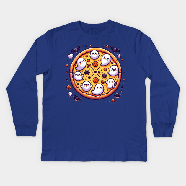Funny Pizza Halloween with Pumpkin and Ghost Kids Long Sleeve T-Shirt by logiamerch