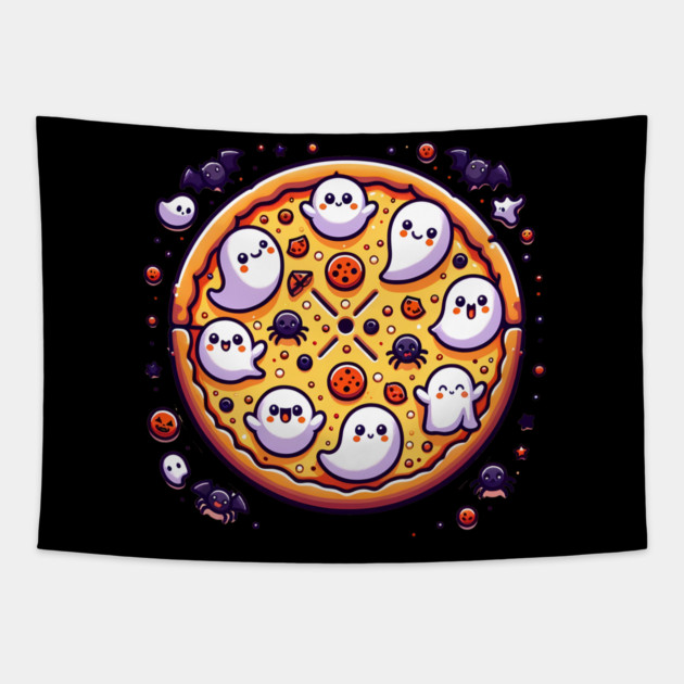Funny Pizza Halloween with Pumpkin and Ghost Tapestry by logiamerch