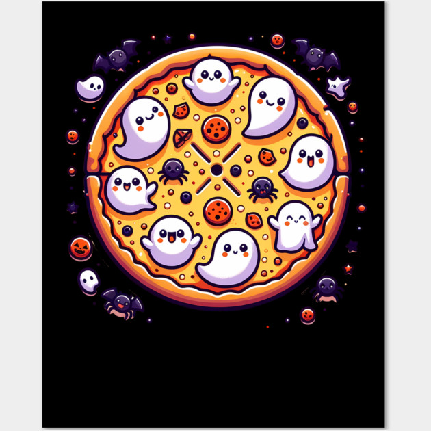 Funny Pizza Halloween with Pumpkin and Ghost Wall Art by logiamerch