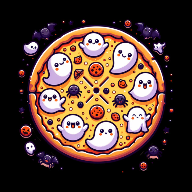 Funny Pizza Halloween with Pumpkin and Ghost by logiamerch