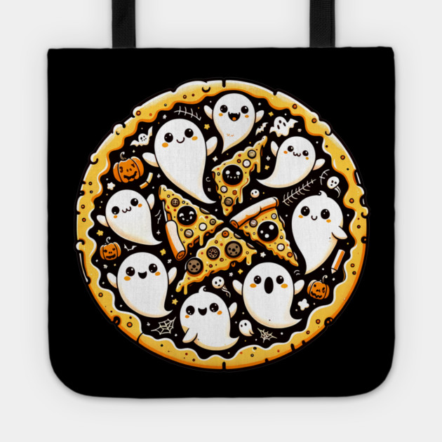Funny Pizza Halloween with Pumpkin and Ghost Tote by logiamerch