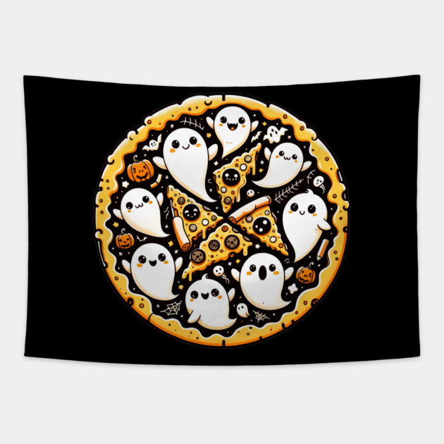 Funny Pizza Halloween with Pumpkin and Ghost Tapestry by logiamerch