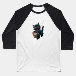 A Cat wide-open mouth suggests it’s mid-meow or shouting, and its eyes appear wide and excited Baseball T-Shirt
