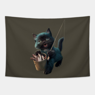 A Cat wide-open mouth suggests it’s mid-meow or shouting, and its eyes appear wide and excited Tapestry