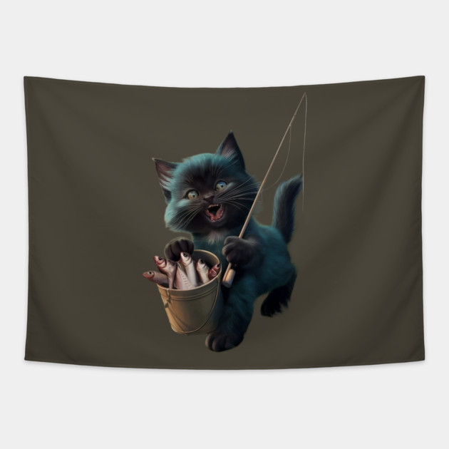 A Cat wide-open mouth suggests it’s mid-meow or shouting, and its eyes appear wide and excited Tapestry by animegirlnft
