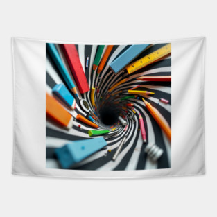 Game over back to school, Dive into the School Supplies Vortex -  Back to School Art, School Supplies Vortex, Back to School - Vortex Edition, Abstract Optical Style, Surreal Back to School. Tapestry