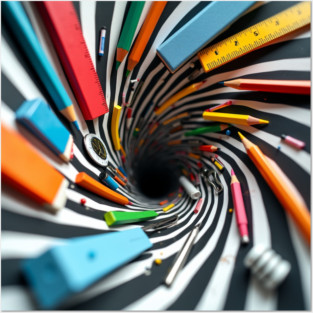 Game over back to school, Dive into the School Supplies Vortex -  Back to School Art, School Supplies Vortex, Back to School - Vortex Edition, Abstract Optical Style, Surreal Back to School. Posters and Art