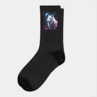 White Wolf in Fantasy Forest in Pinks and Purples|For Women and Girls Socks