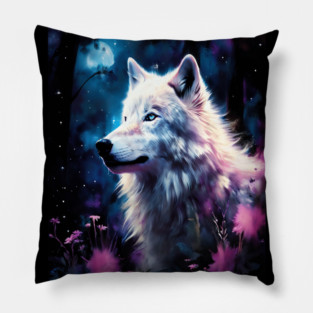 White Wolf in Fantasy Forest in Pinks and Purples|For Women and Girls Pillow