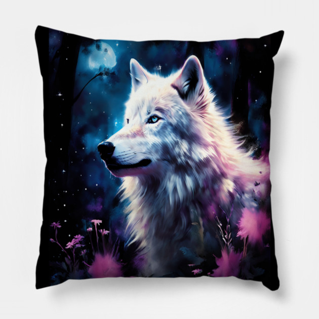White Wolf in Fantasy Forest in Pinks and Purples|For Women and Girls Pillow by BirdsnStuff