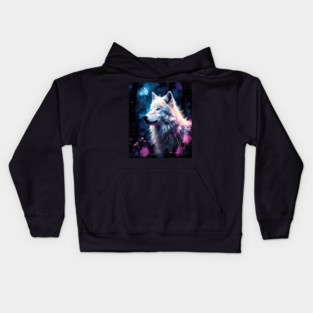White Wolf in Fantasy Forest in Pinks and Purples|For Women and Girls Kids Hoodie