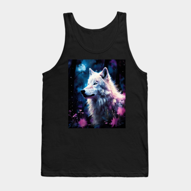 White Wolf in Fantasy Forest in Pinks and Purples|For Women and Girls Tank Top by BirdsnStuff