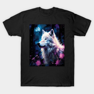 White Wolf in Fantasy Forest in Pinks and Purples|For Women and Girls T-Shirt