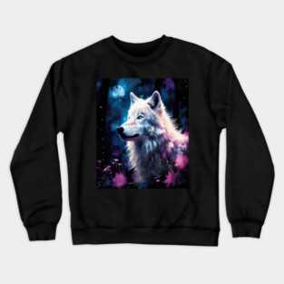 White Wolf in Fantasy Forest in Pinks and Purples|For Women and Girls Crewneck Sweatshirt