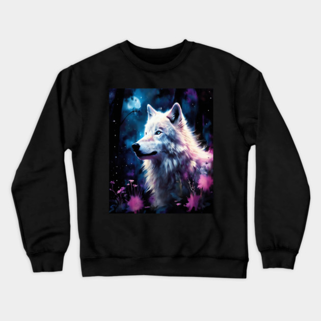 White Wolf in Fantasy Forest in Pinks and Purples|For Women and Girls Crewneck Sweatshirt by BirdsnStuff