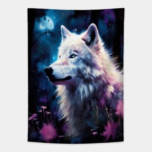 White Wolf in Fantasy Forest in Pinks and Purples|For Women and Girls Tapestry