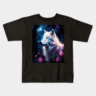 White Wolf in Fantasy Forest in Pinks and Purples|For Women and Girls Kids T-Shirt