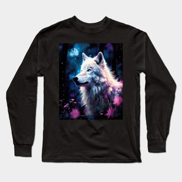 White Wolf in Fantasy Forest in Pinks and Purples|For Women and Girls Long Sleeve T-Shirt by BirdsnStuff