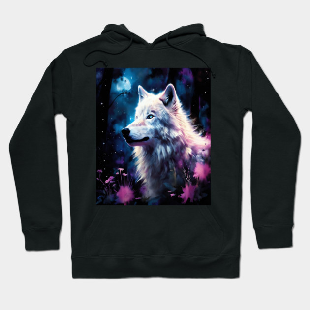 White Wolf in Fantasy Forest in Pinks and Purples|For Women and Girls Hoodie by BirdsnStuff