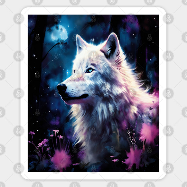 White Wolf in Fantasy Forest in Pinks and Purples|For Women and Girls Sticker by BirdsnStuff
