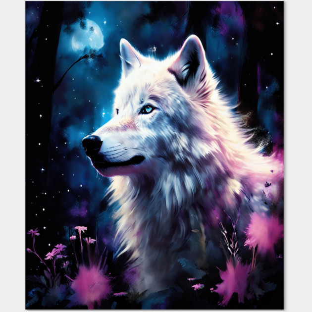 White Wolf in Fantasy Forest in Pinks and Purples|For Women and Girls Wall Art by BirdsnStuff