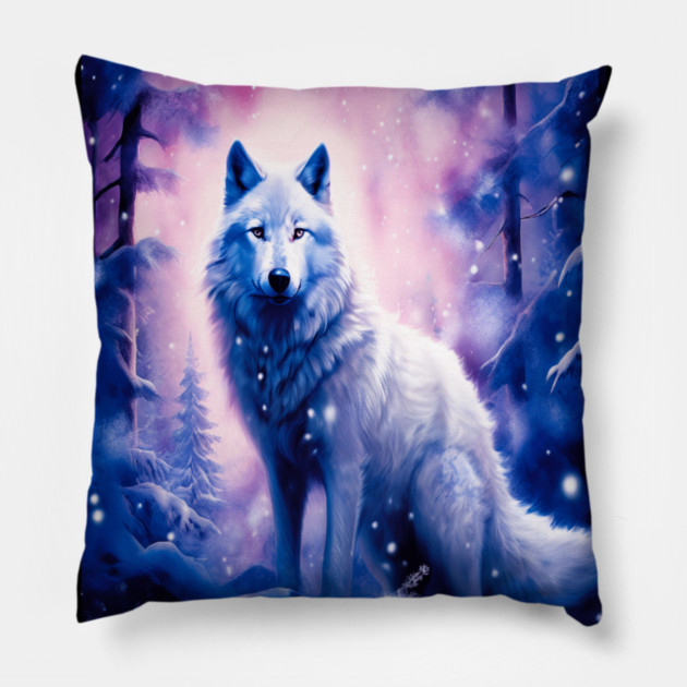 White Wolf in Fantasy Forest in Pinks and Purples|For Women and Girls Pillow by BirdsnStuff