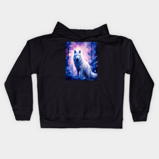 White Wolf in Fantasy Forest in Pinks and Purples|For Women and Girls Kids Hoodie