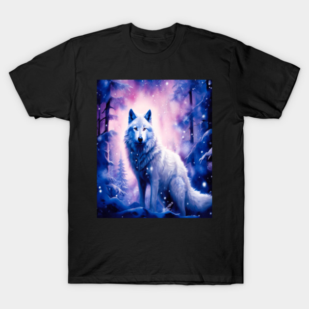 White Wolf in Fantasy Forest in Pinks and Purples|For Women and Girls T-Shirt by BirdsnStuff