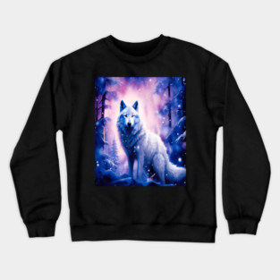 White Wolf in Fantasy Forest in Pinks and Purples|For Women and Girls Crewneck Sweatshirt