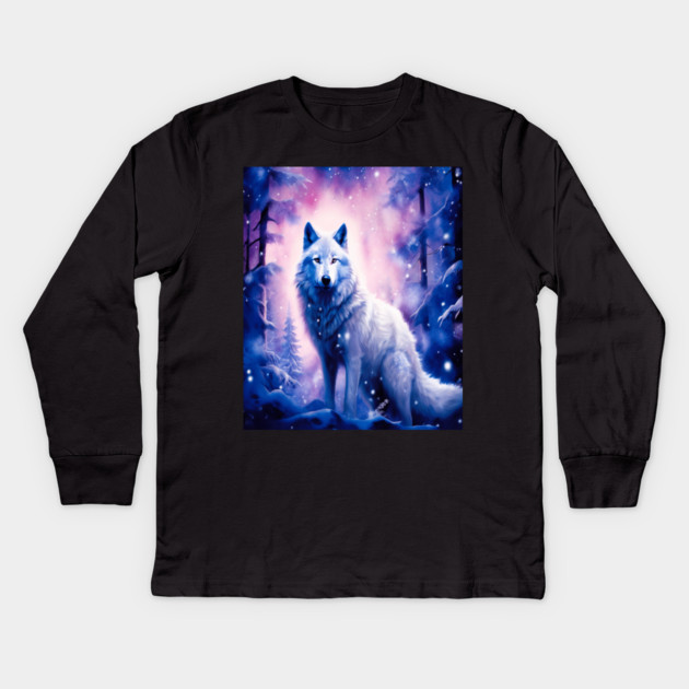 White Wolf in Fantasy Forest in Pinks and Purples|For Women and Girls Kids Long Sleeve T-Shirt by BirdsnStuff