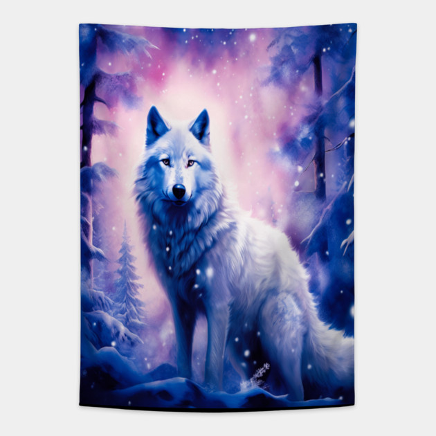 White Wolf in Fantasy Forest in Pinks and Purples|For Women and Girls Tapestry by BirdsnStuff